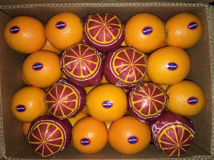 Egyptian Navel oranges in a Good Seed carton, part-wrapped in printed film