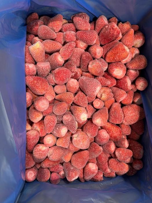 IQF frozen whole strawberries, Grade A, in a lined bulk carton